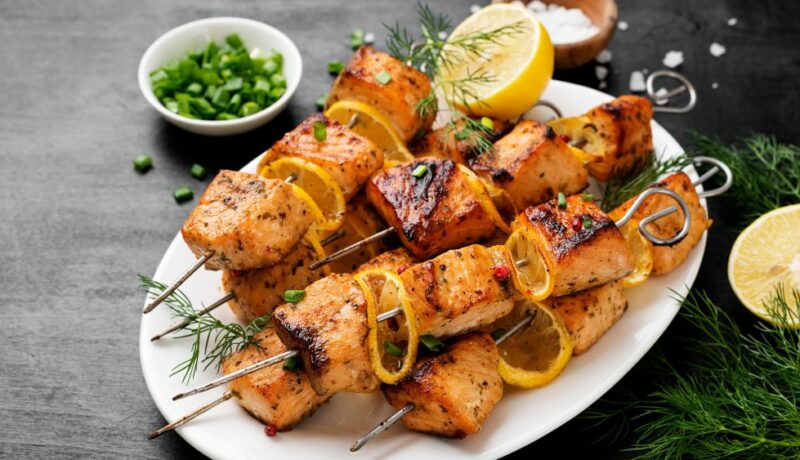 Baked,Salmon,Skewers,With,Lemon,And,Green,Onion.