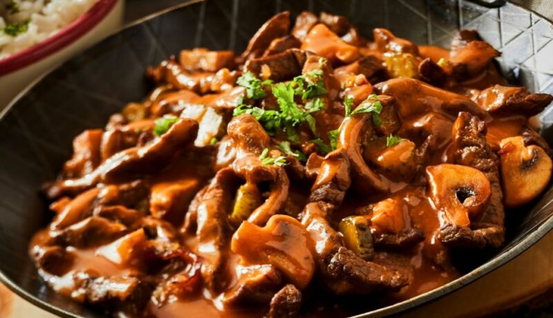 Close,Up,Of,A,Pan,Of,Beef,Stroganoff,Goulash,With