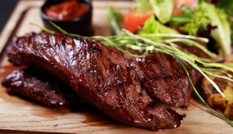 Juicy,Medium,Rare,Skirt,Steak,,Hanging,Tender,Steak,Served,With