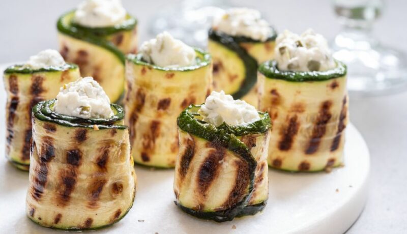 Grilled,Zucchini,Rolls,Stuffed,With,Cream,Cheese,,Pickles,,Capers,And