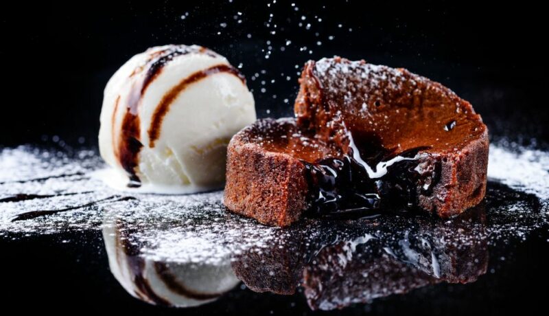Warm,Dessert,Chocolate,Cake,Fondant,Served,On,Plate,With,Ice-cream