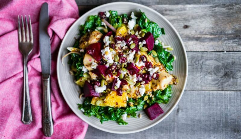 Healthy,Salad,With,Grilled,Chicken,kale.beets,And,Goat,Cheese